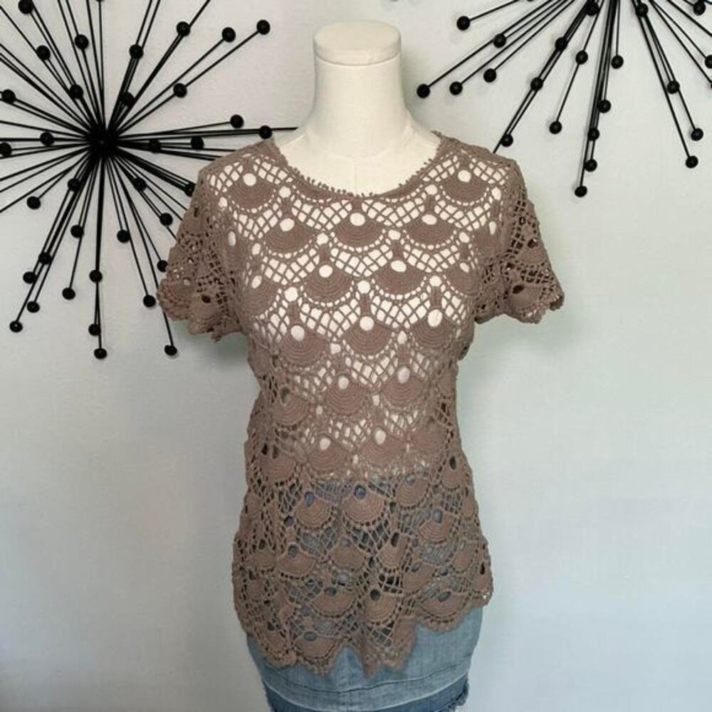 Cato taupe crochet lace top boho sheer short sleeve blouse
